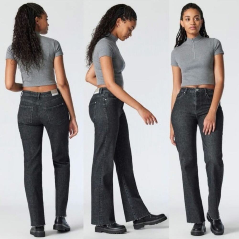 Mavi Victoria Wide Leg High Rise Raw Hem Jeans Black Brushed Recycled Blue 32x30